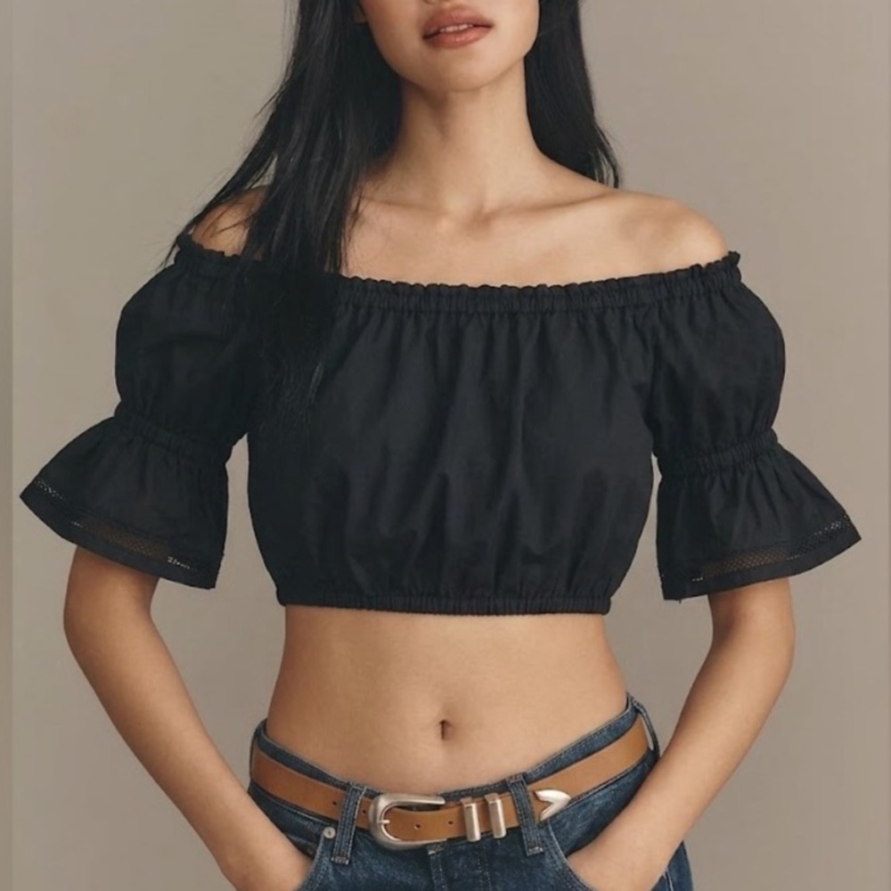 NEW Tory Burch Embroidered Lace Ruffled Peasant Cropped Top Poplin black LG NWT